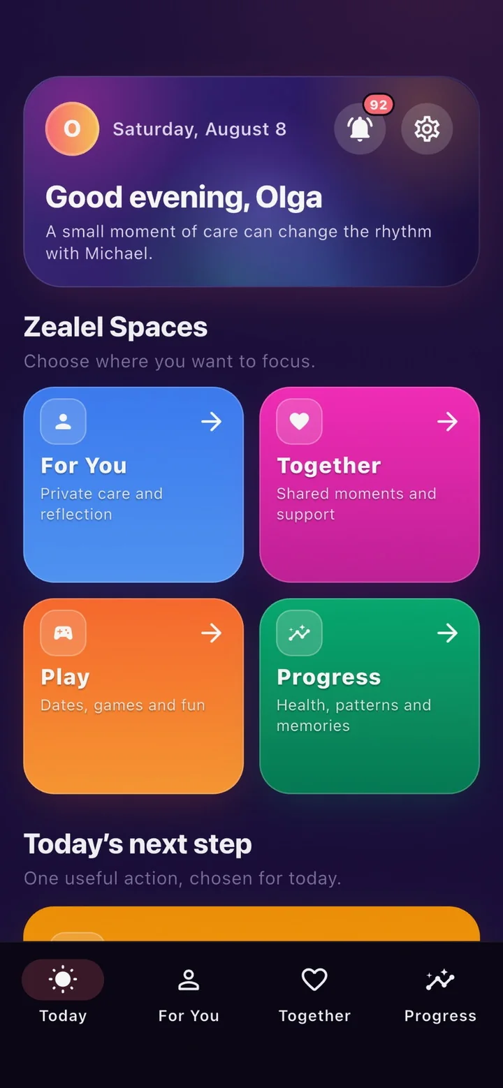 Zealel redesigned app dashboard showing Today, For You, Together, Play and Progress