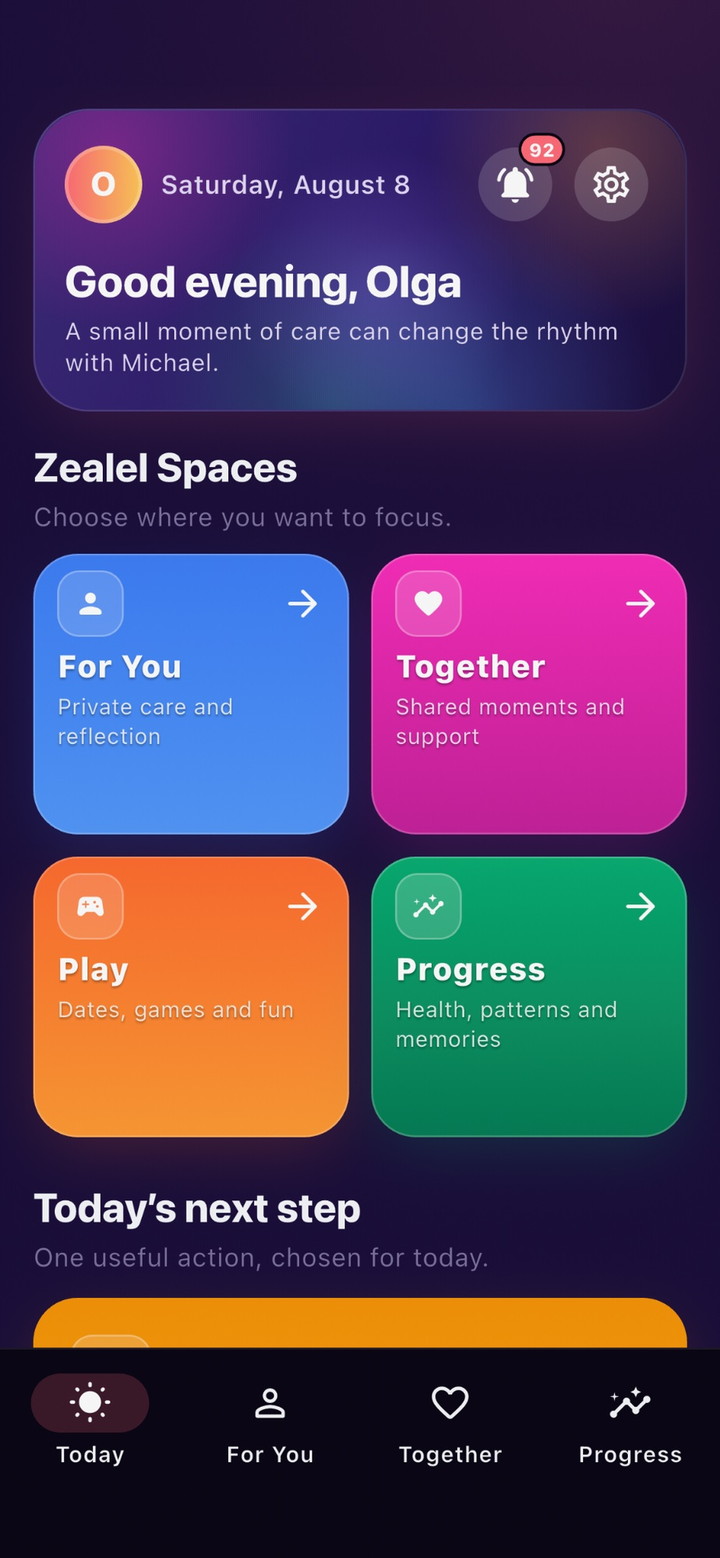Zealel couples app dashboard with Together, Play and daily relationship activities